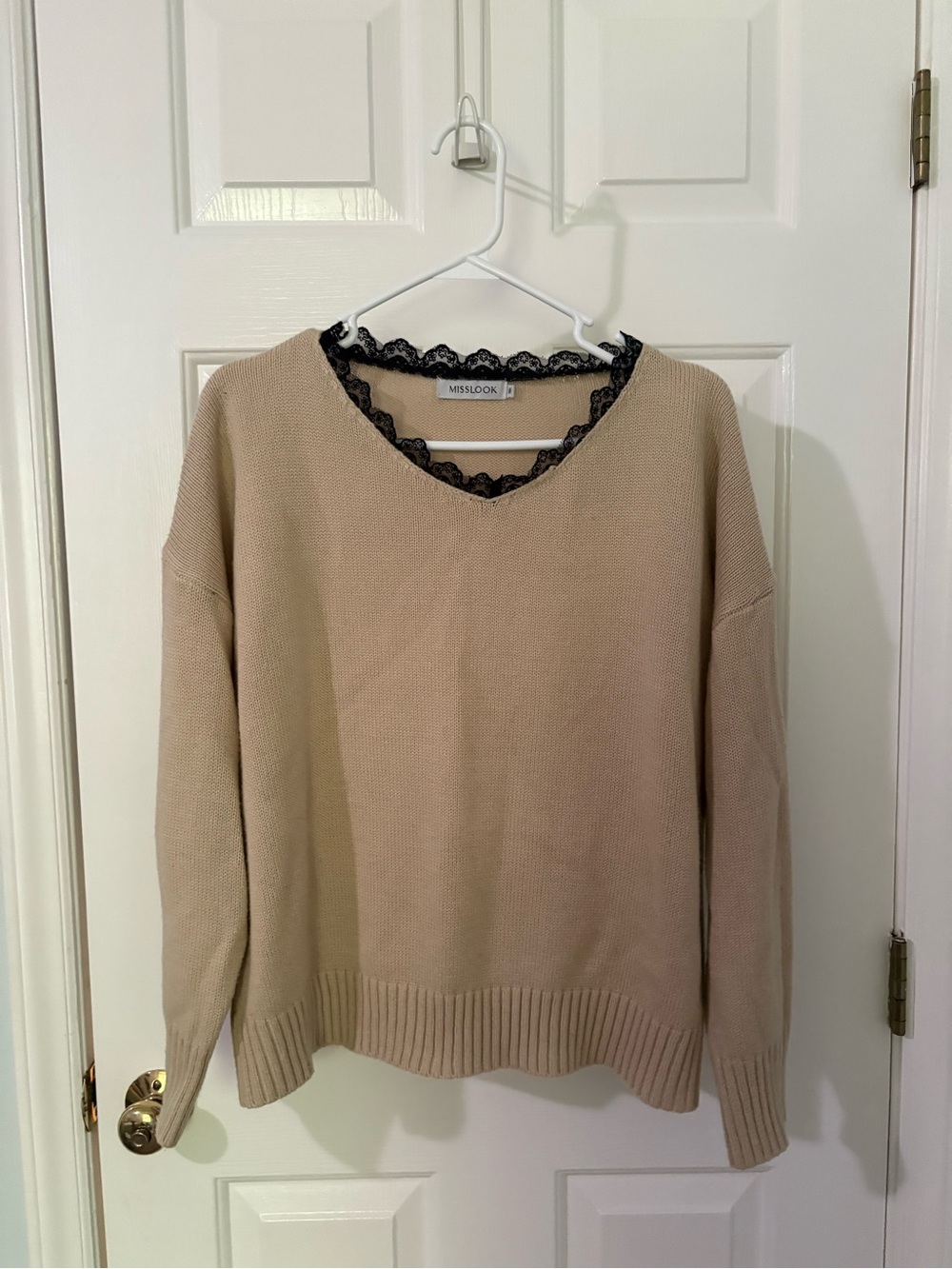 MISSLOOK Tan V-Neck Sweater with Lace Trim